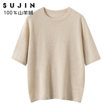100%山羊绒精纺短袖T 2025春秋新款女士圆领针织衫休闲薄款羊绒衫