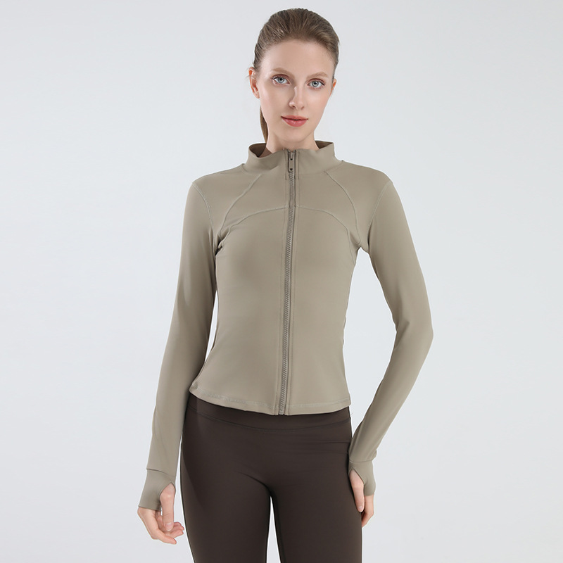 Chaqueta deportiva de otoño y invierno de cuello vertical de mujer chaqueta de fitness pantalones de entrenamiento de entrenamiento de corrida de la mañana de red red de goma delgada ropa de yoga con cremallera
