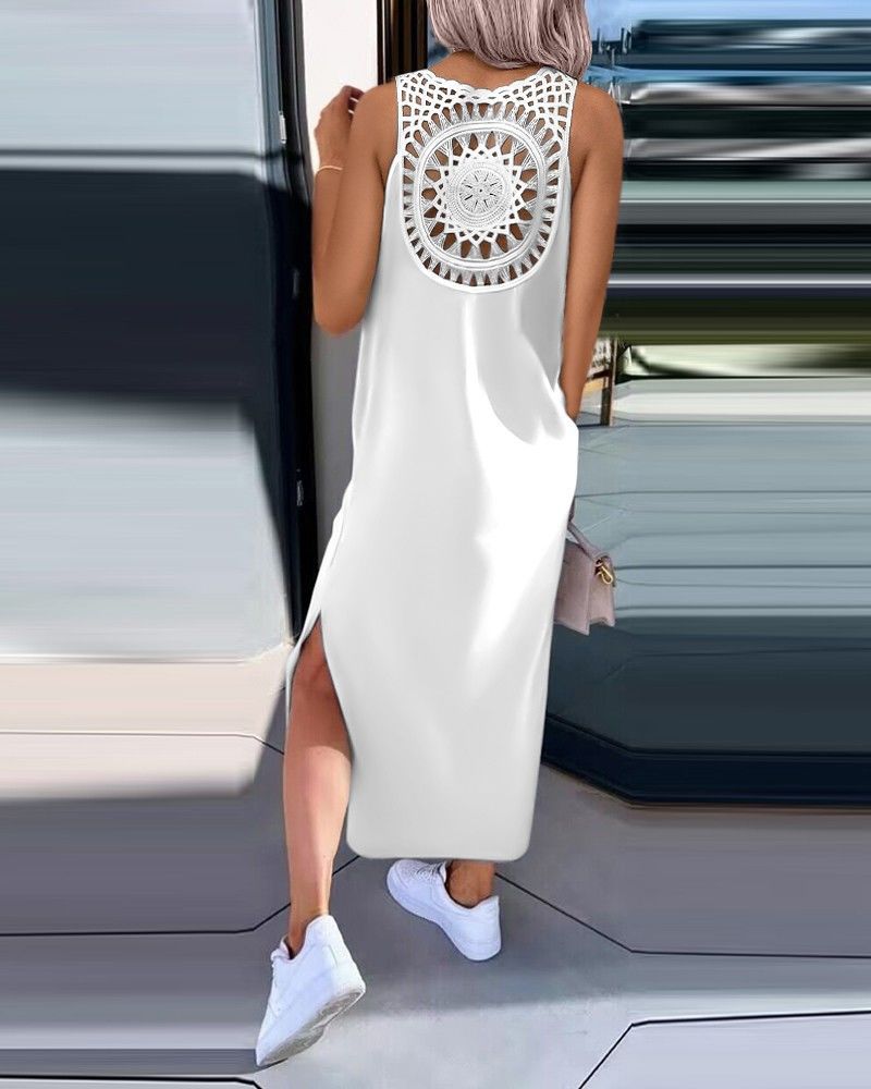 European And American Style Foreign Trade Women's Clothing Lace Hollow-out Suspender Sleeveless Slit Tank Dress,_ecoleips.com