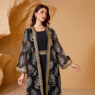 NC41 Arabian Dubai Summer Elegant Elegant Mesh Embroidery Stitching Gold Ribbon Muslim Two-piece Set