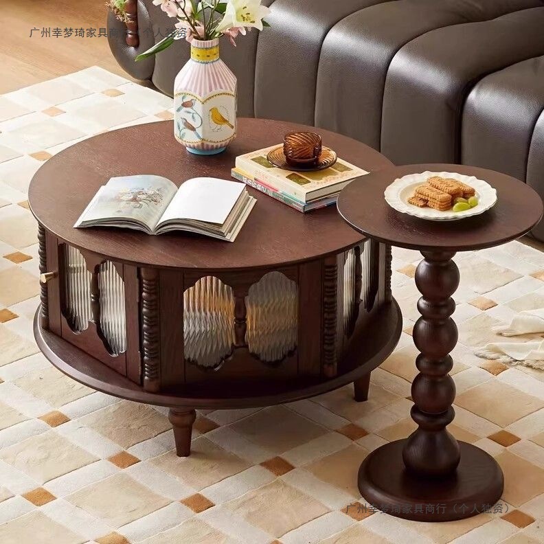 French Retro Coffee Table Combination Solid Wood Small Apartment Living Room Home Light Luxury High-End American Mid-Century Style Round Coffee Table