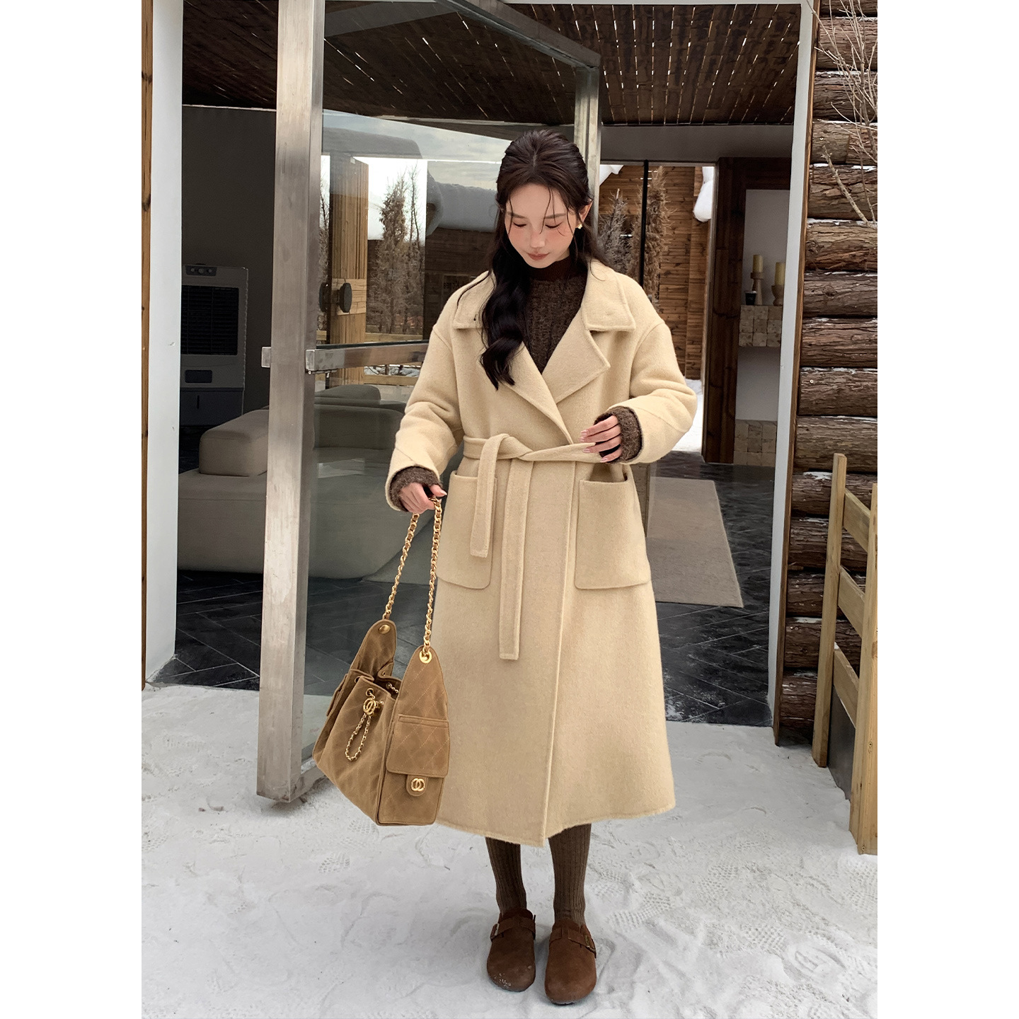 [No Returns or Exchanges] High-End 70% Wool Double-Sided Woolen Women's Suit Collar Tie Long Coat 0725