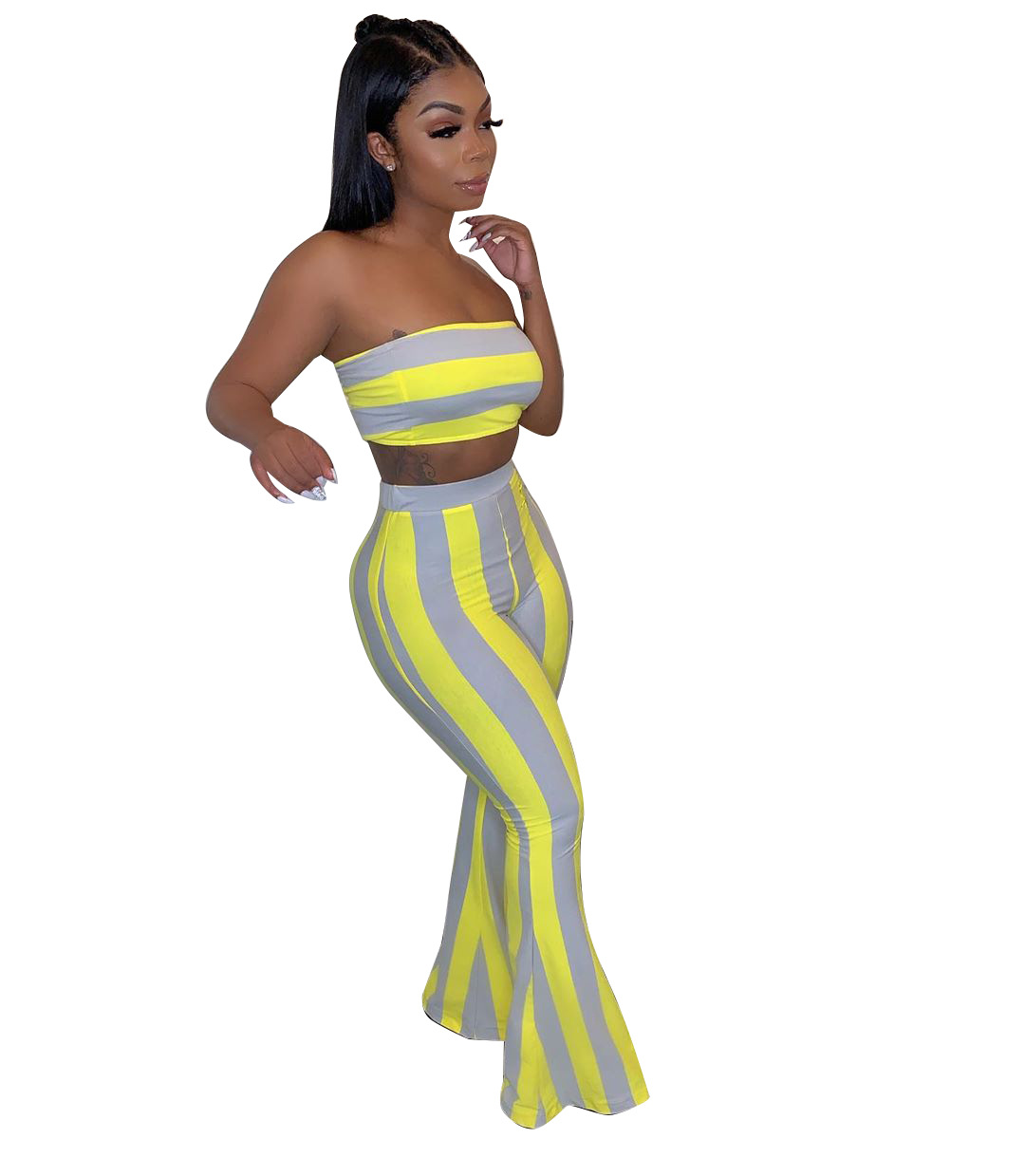 Damen Bandeau Oberteil Und Schlaghose Im Streifenlook Set_voghion.com