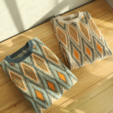 秋冬新款羊绒衫男士圆领套头潮流撞色条纹宽松休闲针织打底羊毛衫