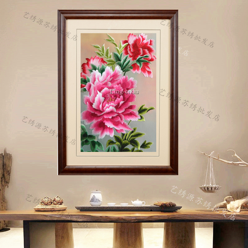 ✅苏绣成品红牡丹花玄关书房卧室客厅装饰画真丝刺绣服装绣片床布