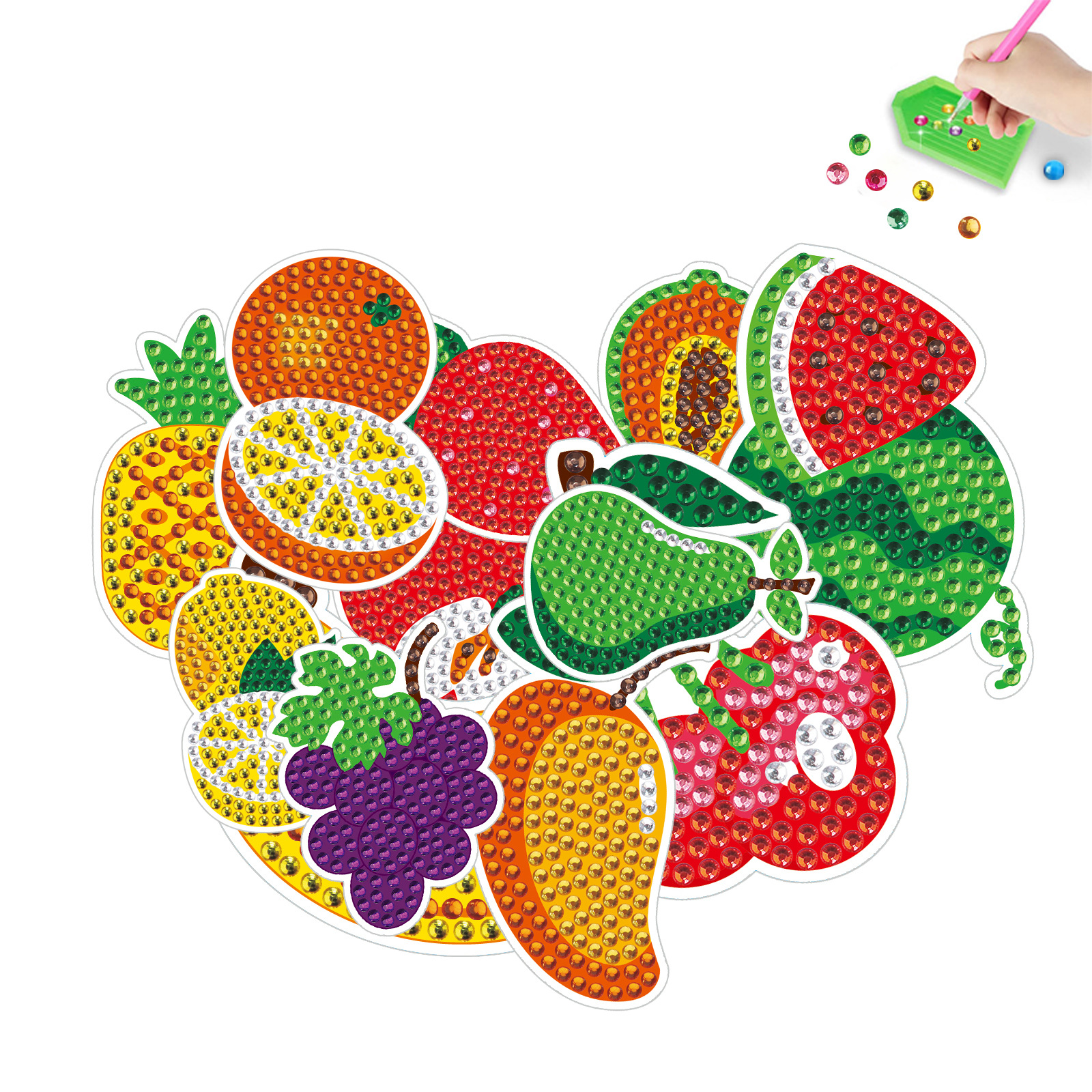 Ventas calientes de dibujos animados de frutas de diamante dibujo aleatorio DIY pinturas de mampostería pegatinas de pared pegatinas hechas a mano pegatinas de niños cristal brillante diamante