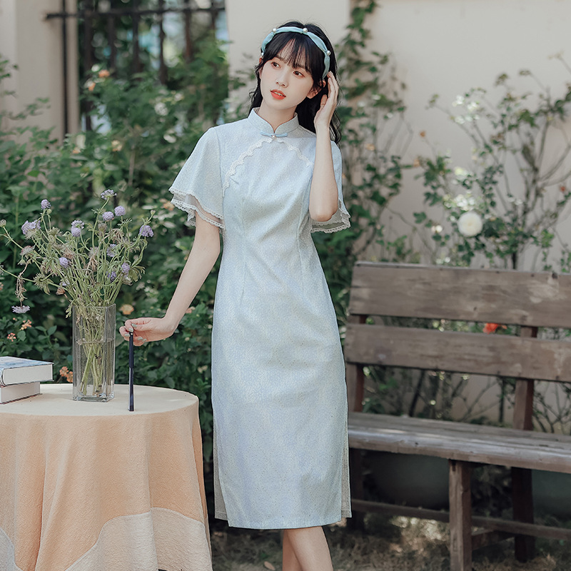Women's Clothing 2026 Spring New Style Inverted Large Sleeves Elegant and Cute Republic of China Style Gentle Fairy Lace Cheongsam Dress