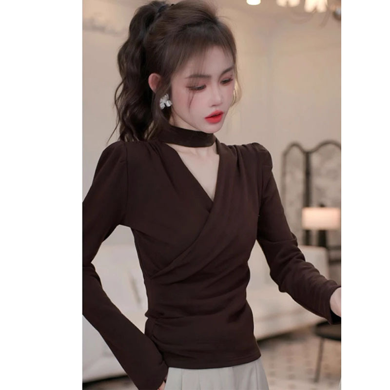 2025 New Autumn and Winter Hanging Neck V-Neck Long-Sleeved T-Shirt Casual Base Shirt Women's Slim-Fit Waist Inner Stylisch Top Women
