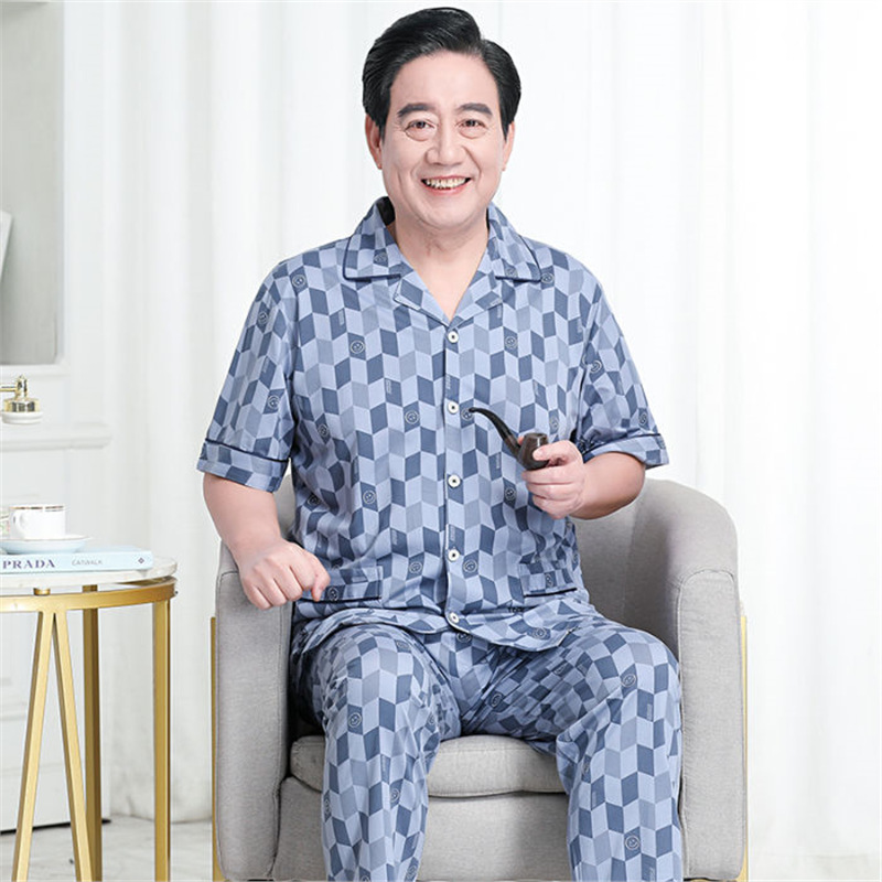 Pajamas de algodón delgado de manga corta para hombres, pajamas de verano, abuelos, padres, pajamas de verano, cuadros