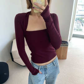 新款百搭弹力修身显瘦天丝羊毛假两件袖套针织上衣女长袖T恤5328