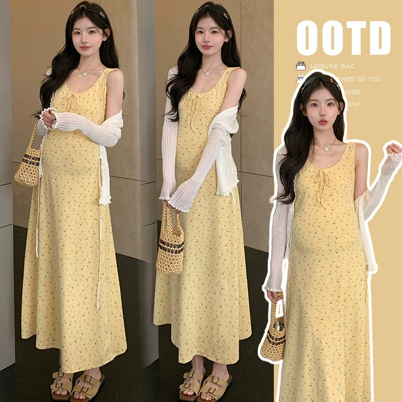 Платье для беременных, летняя верхняя одежда для беременных во французском стиле, модная тонкая желтая майка с цветочным принтом, длинное платье, летний наряд