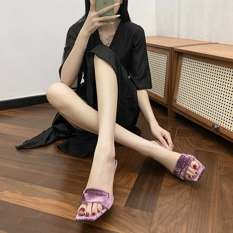 L-31杨树林同款拖鞋方头细跟紫色绒面一字带气质绝美高跟凉鞋女