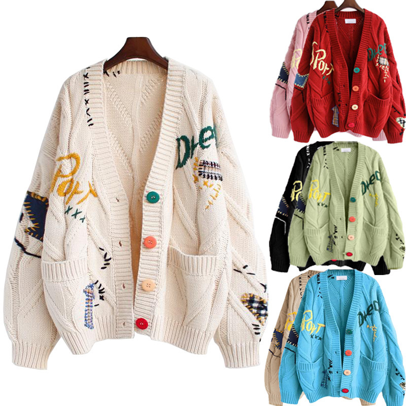 Cross-Border Women's Cable Knit Long-Sleeve Sweater Cardigan for Autumn and Winter, V-Neck with Colorful Buttons and Letter Embroidery Sweater Coat