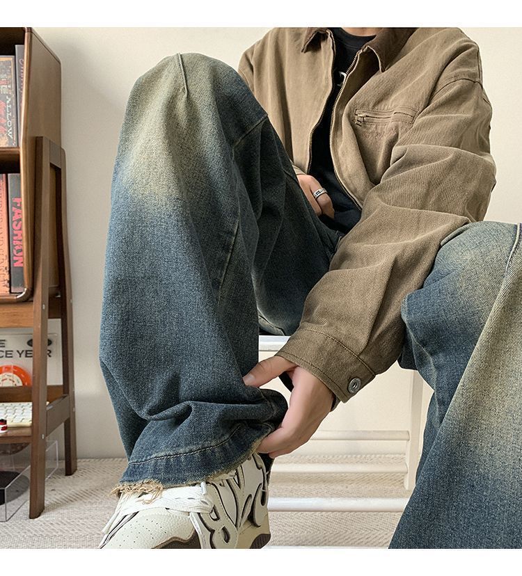 Men's High Street Cleanfit Vintage Washed Denim Jeans - Relaxed Fit Straight Leg Trousers For Casual Wear​_mkmklike.com