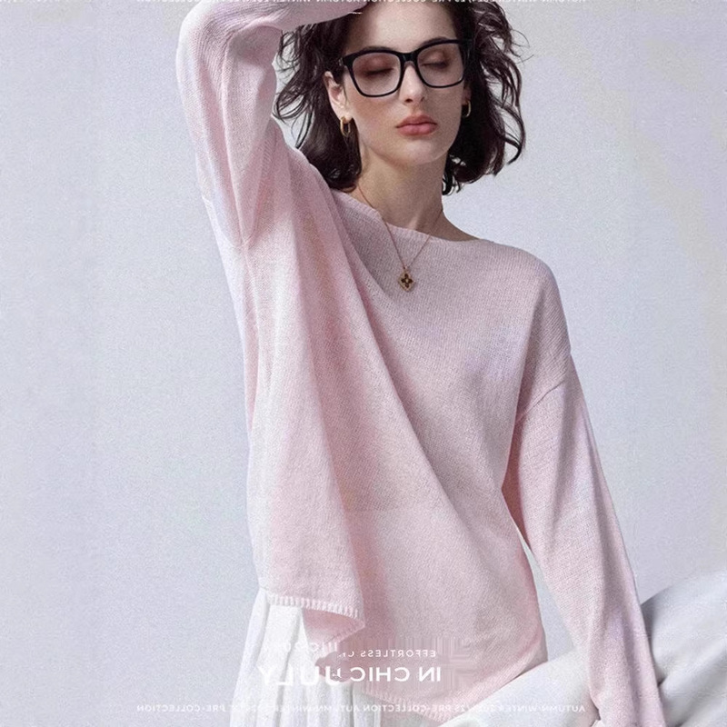 French-Style Pink Ice Silk Knitted Blouse Top for Women, Spring Wear, High-End, Loose, Thin, Slightly See-Through, Sun-Protective Long-Sleeved T-Shirt French-Style Pink Ice Silk Knitted Blouse Top for Women, Spring Wear, High-End, Loose, Thin, Slightly See-Through, Sun-Protective Long-Sleeved T-Shirt
