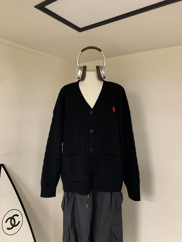 高品质RL拉夫绞花毛衣开衫经典休闲V领小马刺绣宽松百搭针织上衣|undefined