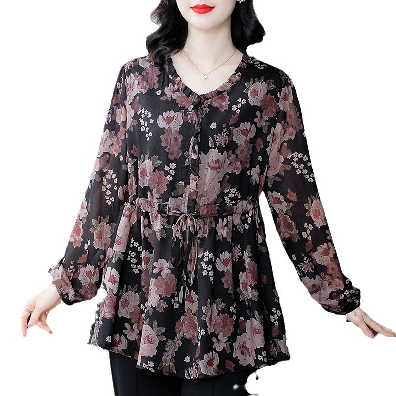 Spring New 240kg plus loose floral slimming mom casual silk-like shirt middle-aged and elderly women's clothing