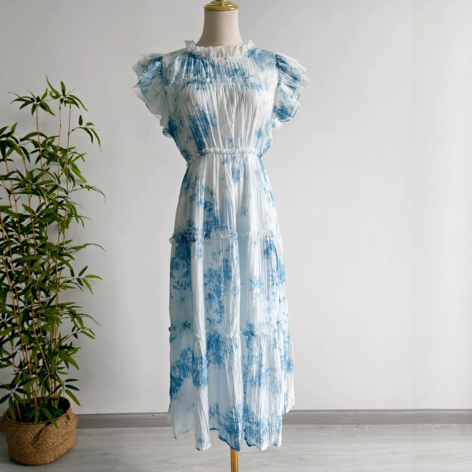 云南大理扎染法式连衣裙扎染飞飞袖连衣裙扎染收腰蓝白染收腰裙
