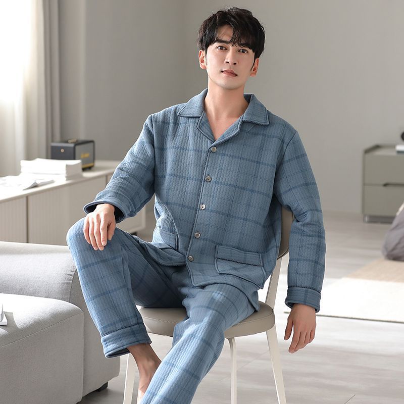Pijamas de algodón laminado para hombres otoño y invierno engrosado delgado algodón intercalado de gran tamaño ropa doméstica de invierno aire algodón conjunto de primavera y otoño
