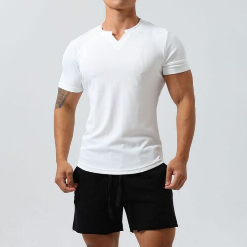 Men's V-neck short-sleeved sports quick-drying solid color outdoor fitness running slim fit