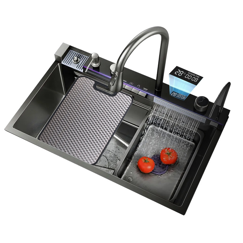 Fábrica de pelo recto ballena acero inoxidable grande de un solo tanque multifunción pantalla digital en relieve cocina nano fregadero hogar fregadero