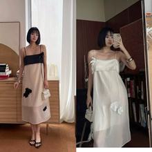 春夏新款立体花朵刺绣装饰欧根纱撞色性感吊带连衣裙女轻奢高级感