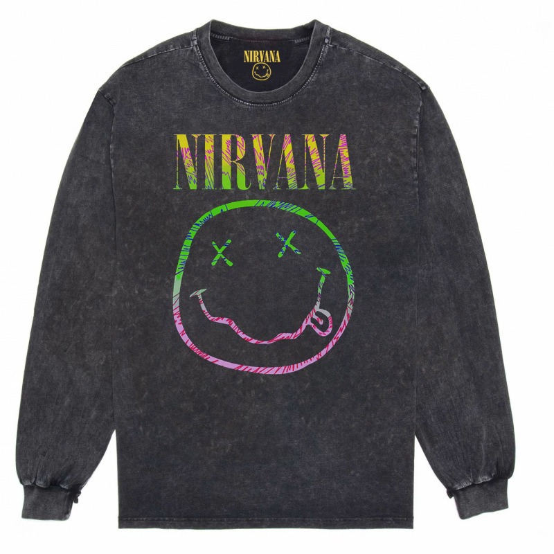 Nirvana Vintage American retro apenado rock punk angustiado lavado batik Camiseta de manga larga