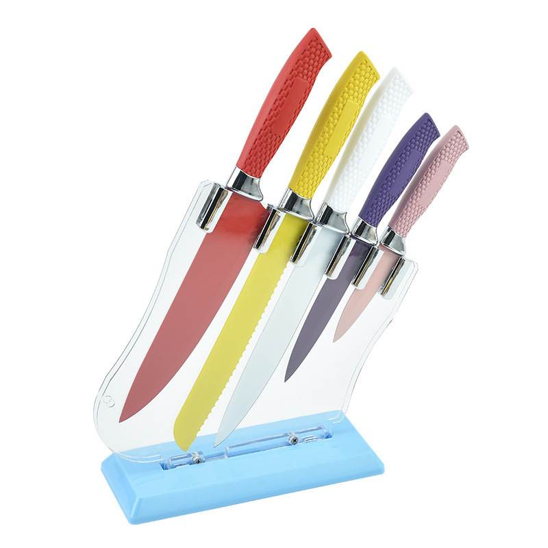 En stock mango de malla al por mayor con soporte de cuchillo acrílico conjunto de seis piezas cuchillo de combinación de acero inoxidable color pintura cuchillo traje