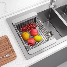 厨房水槽置物架沥水架不锈钢蔬菜水果沥水篮家用加厚款可伸缩代发
