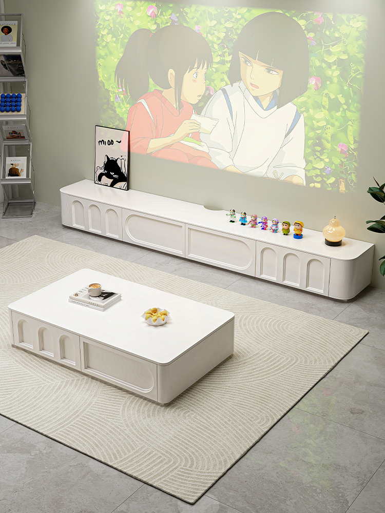 French Tv Cabinet Coffee Table Combination All Solid Wood White Paint Living Room Home Complete Wall Floor Cabinet Cream Style