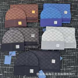 L家秋冬小方格小布标字母针织帽时尚潮流百搭户外保暖防寒针织帽