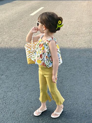 Girls Korean style floral camisole suit 2024 summer baby girl fashionable vest bell pants two-piece casual set