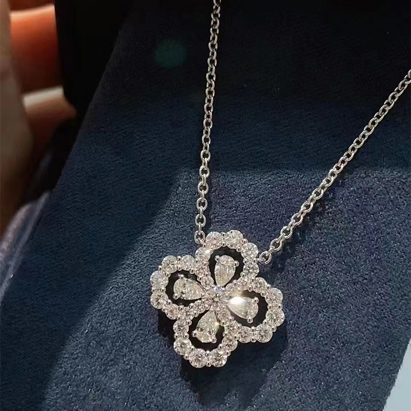 4 잎 클로버 목걸이 HW 가벼운 럭셔리 틈새 하이 엔드 센스 다이아몬드 아쿠아 마린 콜라본 체인 Ins 멋진 스타일 목걸이