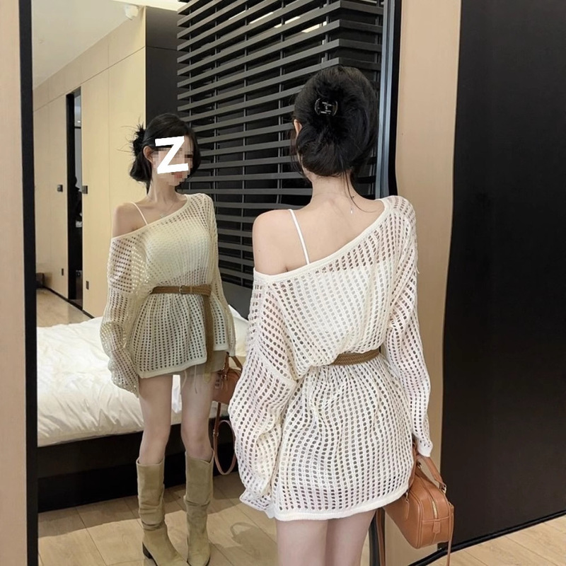 Sanya Beach Vacation Bohemian Slanted Shoulder Fishnet Sweater Women's Spring and Summer Hot Girl Mid-Length Sun Protection Top