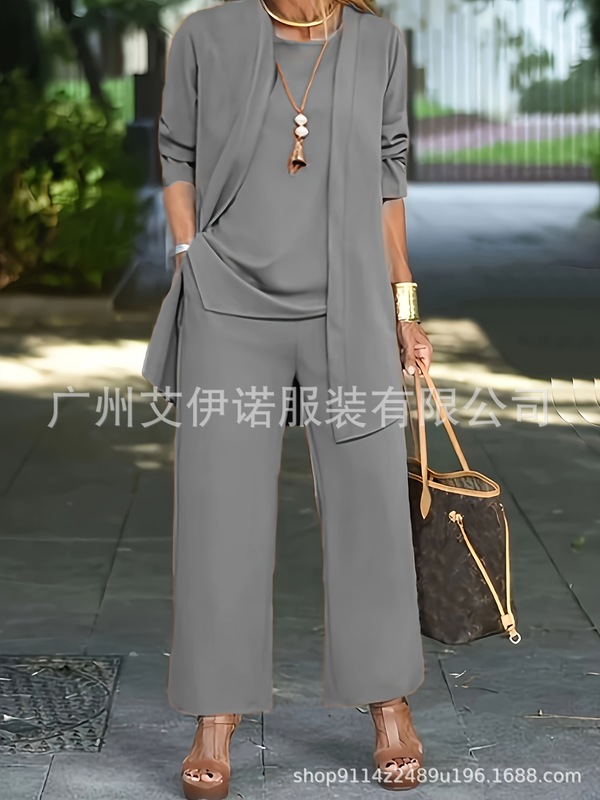 temu.卖现货纯色开叉圆领无袖背心上衣长袖开衫外套阔腿裤套装女|undefined