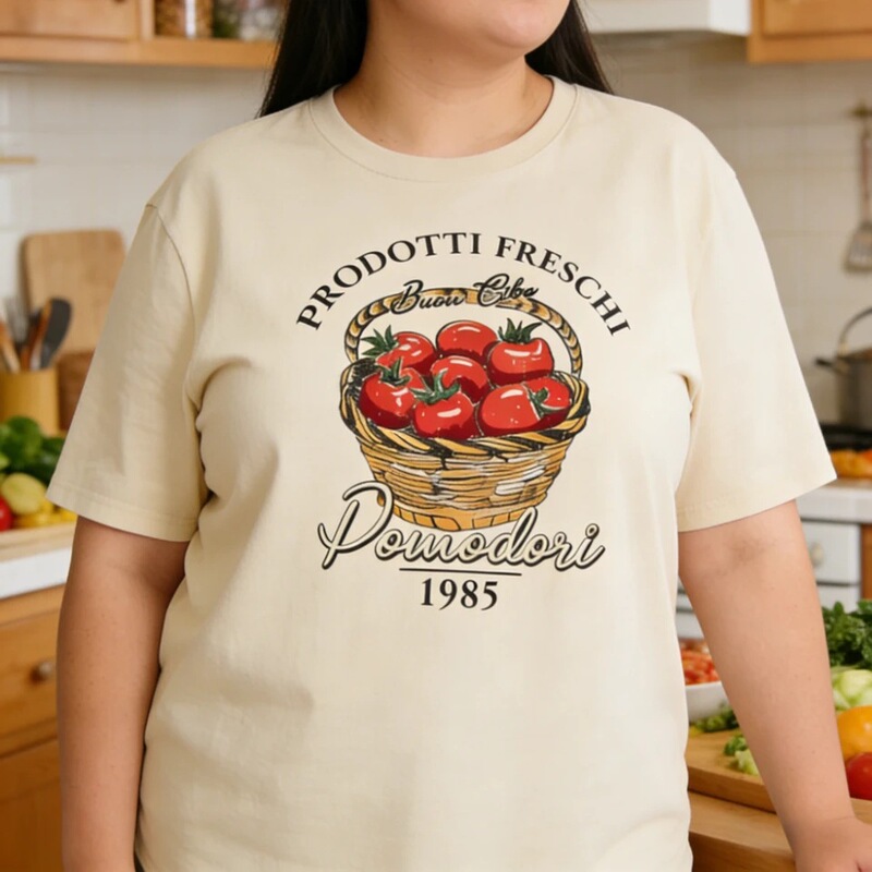 Plus Size Women's T-Shirt with Cute Italian Tomato Print, Vintage Aesthetic Vegetable Shirt for Women, Cott Plus Size Women's T-Shirt with Cute Italian Tomato Print, Vintage Aesthetic Vegetable Shirt for Women, Cott