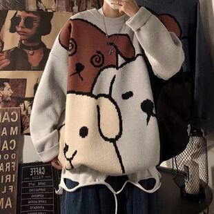 Autumn and Winter Thickened Sweater Men's Korean-style All-match Fashionable ins Retro Cartoon Knitwear Couple's Base Shirt Jacket