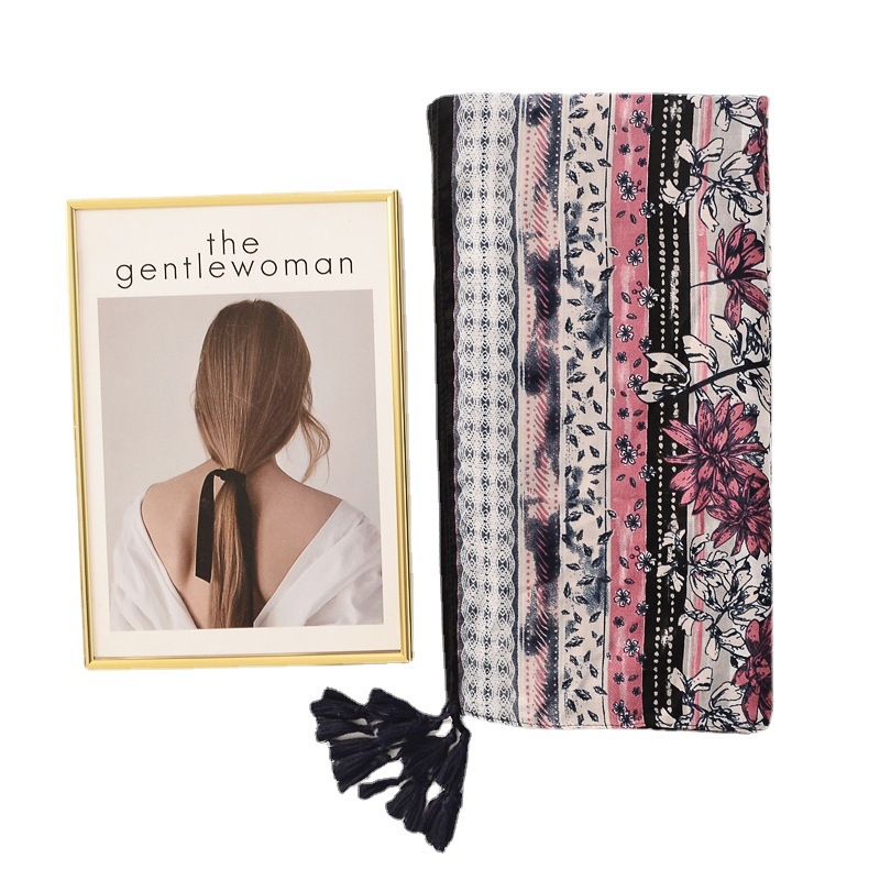 Dulce suave algodón y lino sensación bufanda de seda flor la planta larga borla hecha a mano viajes toalla playa protector solar chal para las mujeres