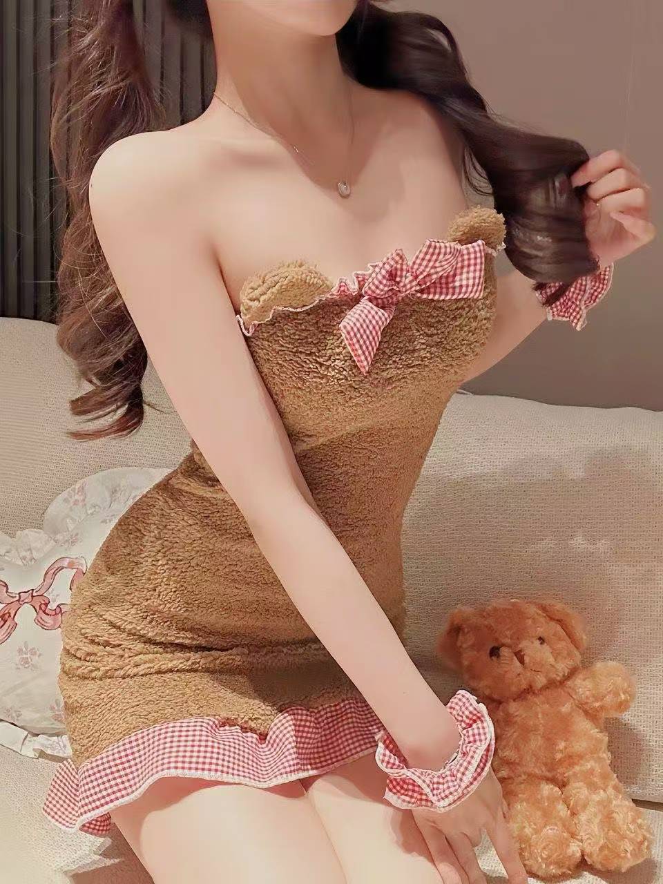 Plush Backless Maid Bear Nightdress with Bow and Hip Skirt, Sexy Polyester Pajama Costume — detail image 6