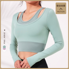 Women's New Long Sleeve T-Shirt with Bra Cup, Running Exercise False 2-Piece Tight Professional Pilates Fitness Yoga Top