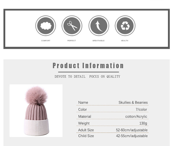 Chapeau chaud d'automne et d'hiver en forme de boule de renard, couleur unie, tricoté, pour adultes et enfants, mode parent-enfant_voghion.com