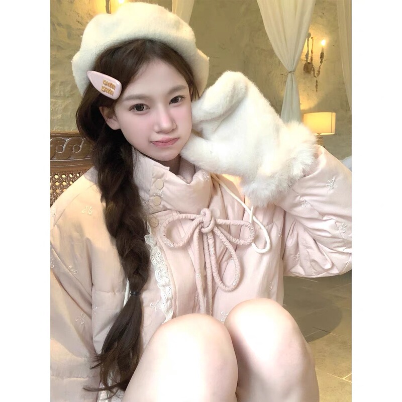 少女感甜美粉色蝴蝶结刺绣棉服女冬季新款宽松百搭棉衣棉袄短外套|undefined