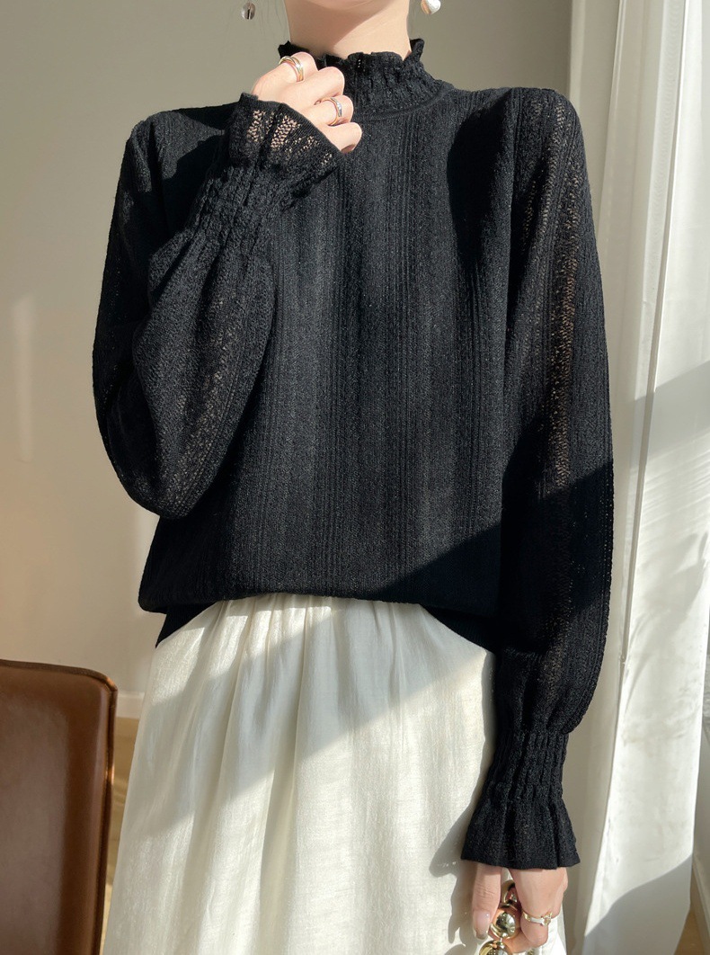 Hormigón de encaje de cuello medio alto jersey de punto para mujeres 2024 otoño y invierno nuevo suelto delgado envejecimiento camisa de manga larga