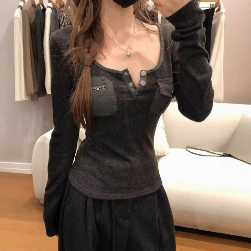 甜辣妹复古拼接口袋v领长袖t恤女秋季百搭精致修身显瘦打底衫上衣|undefined
