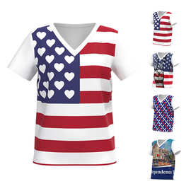 2023夏新款美国独立日USA国旗3D数码印花V领男士宽松T恤工厂直销