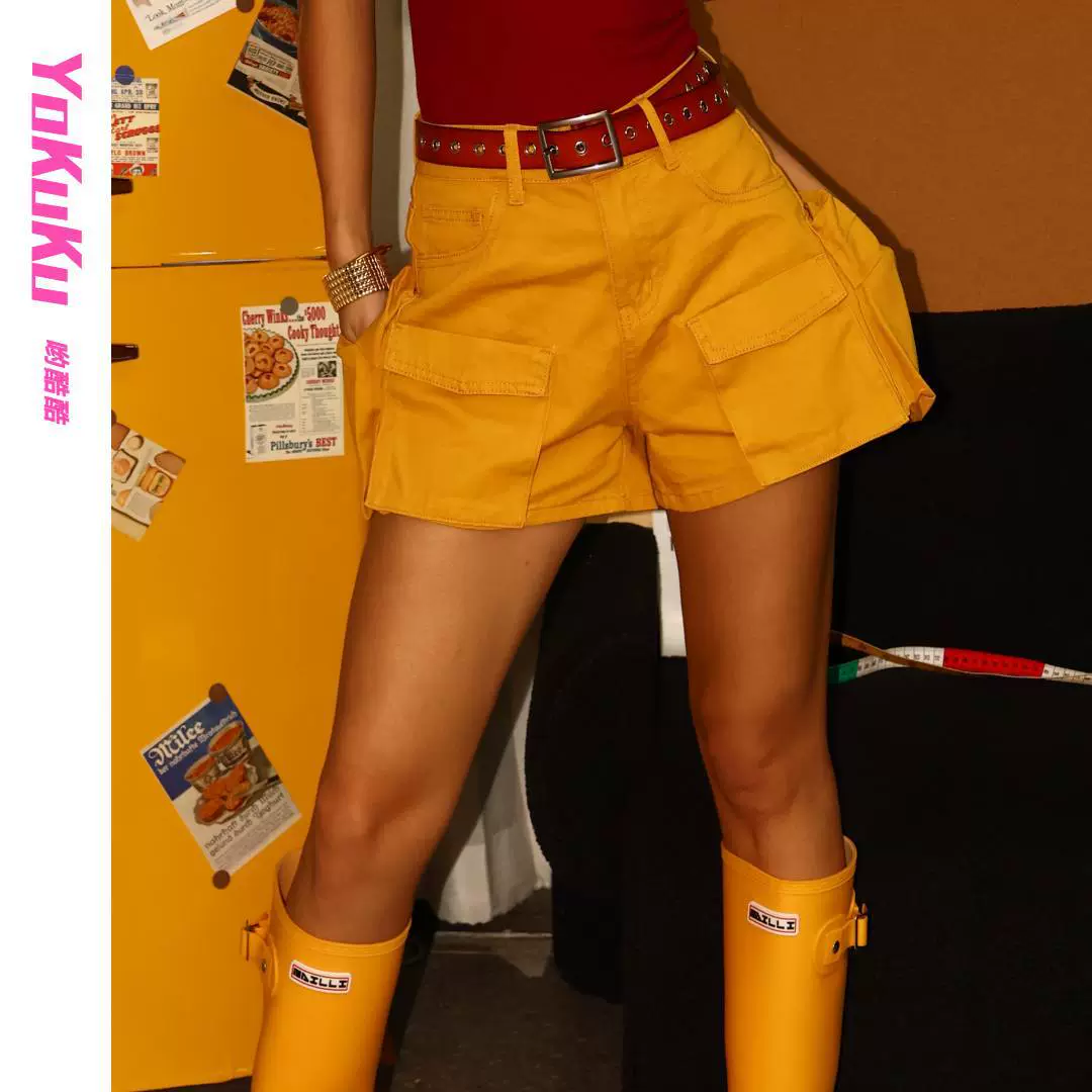 Американские ретро шорты со средней и высокой талией, повседневные брюки-карго с несколькими карманами, подтягивающие бедра, желтые