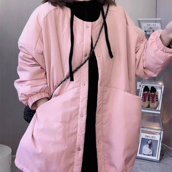 新款韩版日系宽松休闲中长款棉衣糖果色圆领棉服外套