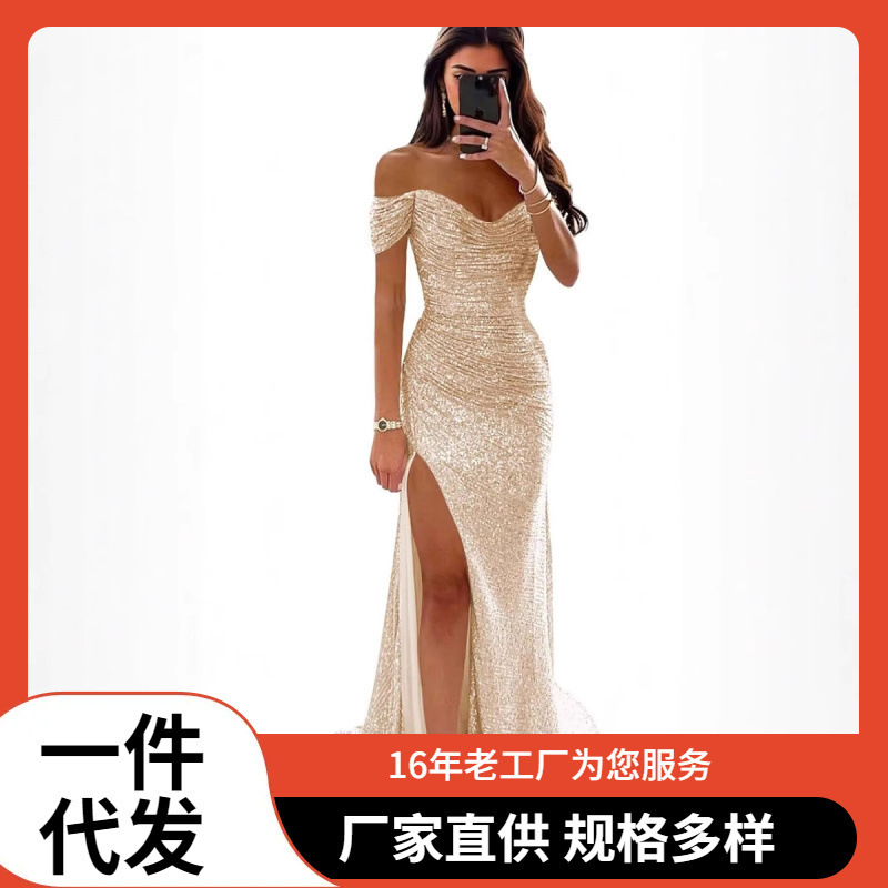 20025 Amazon Foreign Trade Cross-Border Women's Off-Shoulder Prom Party Sequin Evening Dress with Slits 20025 Amazon Foreign Trade Cross-Border Women's Off-Shoulder Prom Party Sequin Evening Dress with Slits