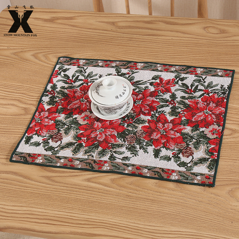 Manteles individuales de lino para vacaciones, estilo europeo y americano, con diseño de muñeco de nieve de dibujos animados bordado, manteles individuales navideños, manteles individuales de poliéster estilo occidental para cuencos.