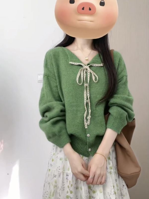 韩系甜美风软糯蝴蝶结蕾丝系带领毛衣开衫女秋冬款高级感软糯小衫|undefined